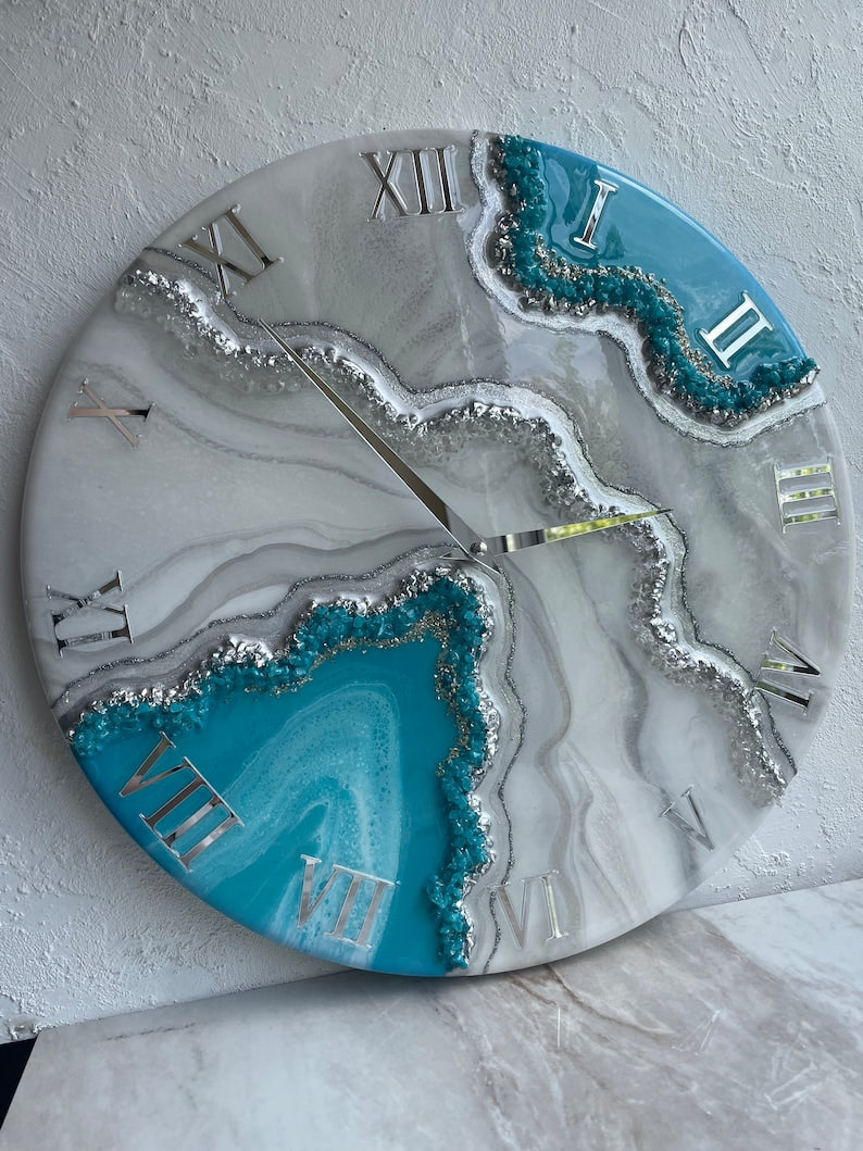 Aqua Blue with silver stones Resin Wall Clock