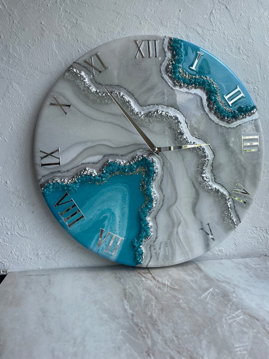 Aqua Blue with silver stones Resin Wall Clock