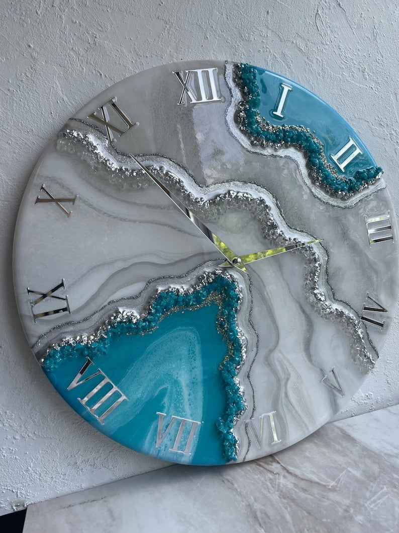 Aqua Blue with silver stones Resin Wall Clock