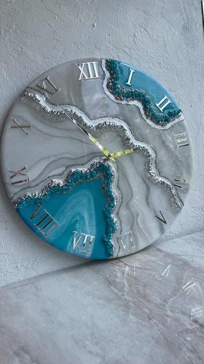 Aqua Blue with silver stones Resin Wall Clock