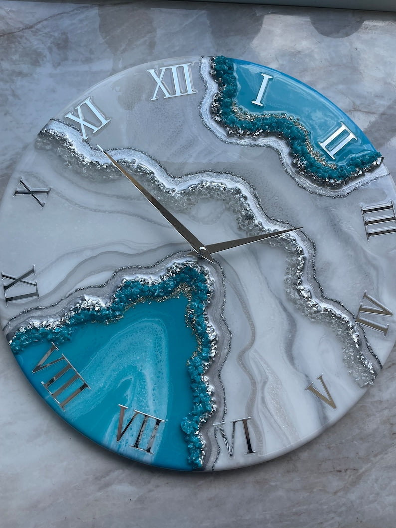 Aqua Blue with silver stones Resin Wall Clock