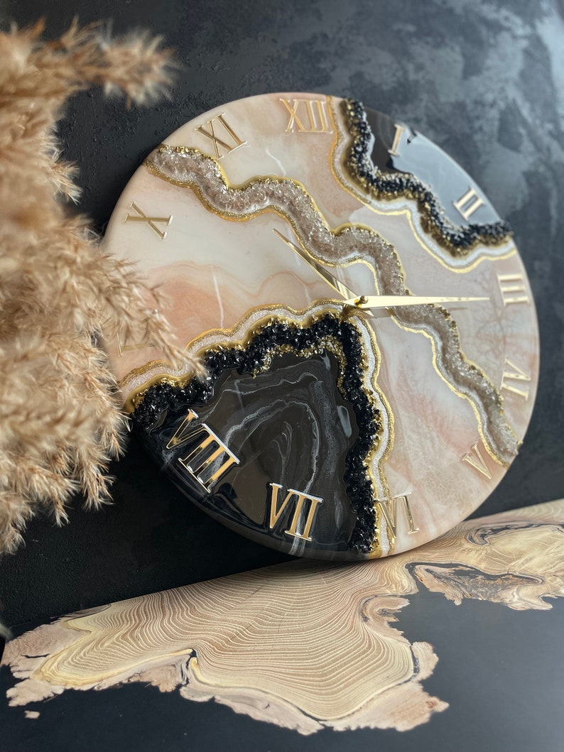 Black with Gold and silver stones Resin Wall Clock