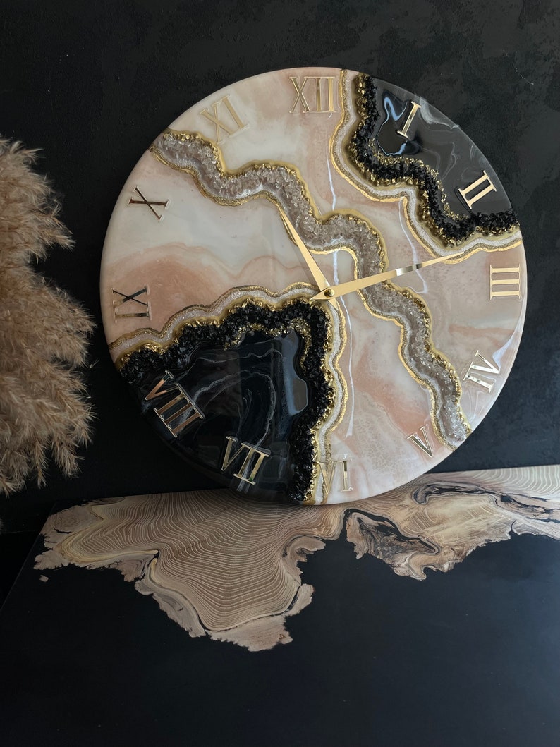 Black with Gold and silver stones Resin Wall Clock