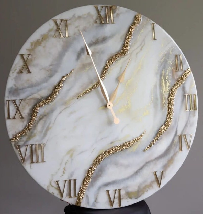 Cream Marble with Gold texture and  Gold Stones Wall Art Resin wall Clock