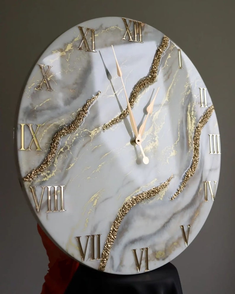 Cream Marble with Gold texture and  Gold Stones Wall Art Resin wall Clock