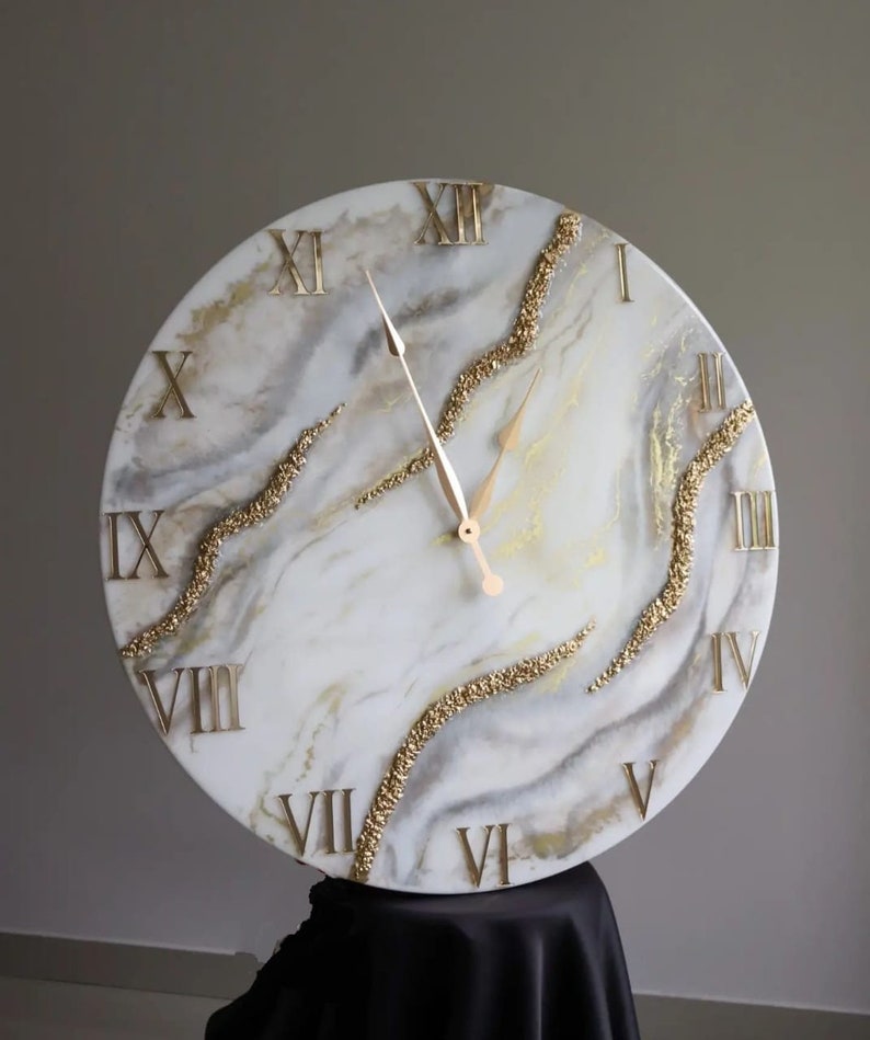 Cream Marble with Gold texture and  Gold Stones Wall Art Resin wall Clock