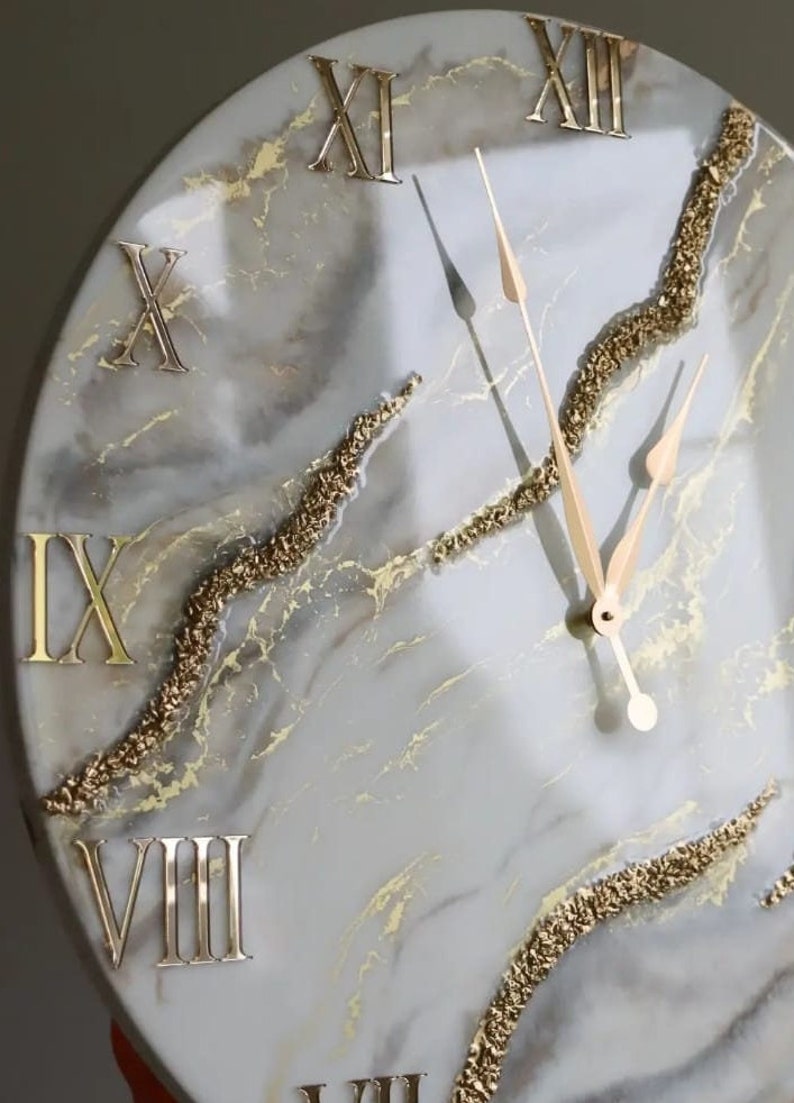 Cream Marble with Gold texture and  Gold Stones Wall Art Resin wall Clock