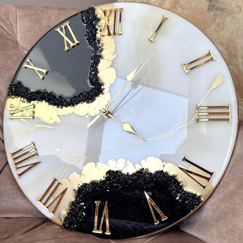 Black with Cream and Gold Resin Wall Clock