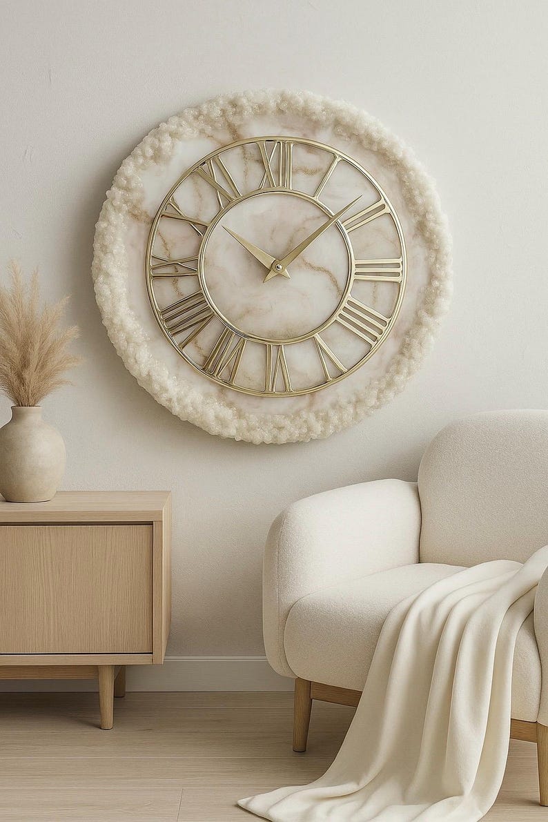 Cream Stone Art piece With Gold Flames Resin Wall Clock