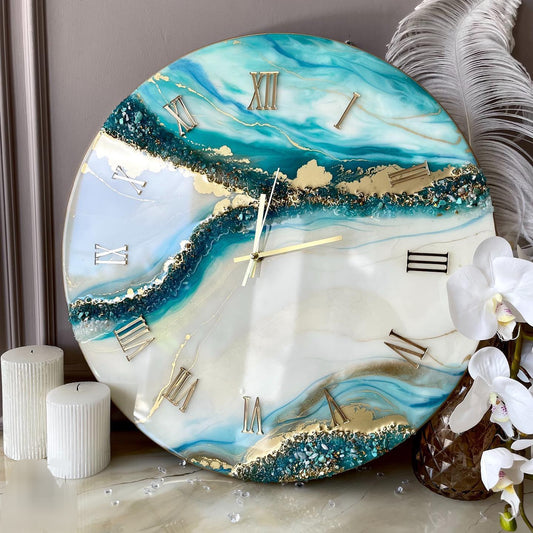 Peacock Green With Cream The luxury Resinart Resin Wall Clock