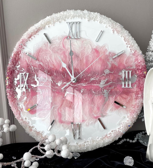 Rose Pink And White The luxury Resinart Resin Wall Clock