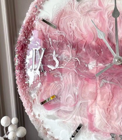 Rose Pink And White The luxury Resinart Resin Wall Clock