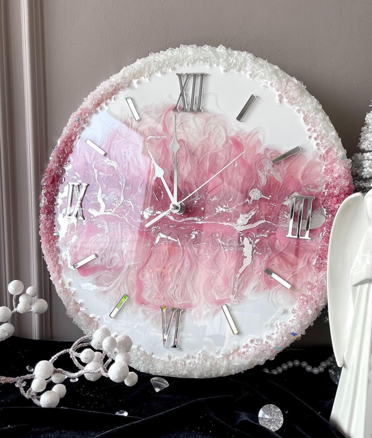 Rose Pink And White The luxury Resinart Resin Wall Clock