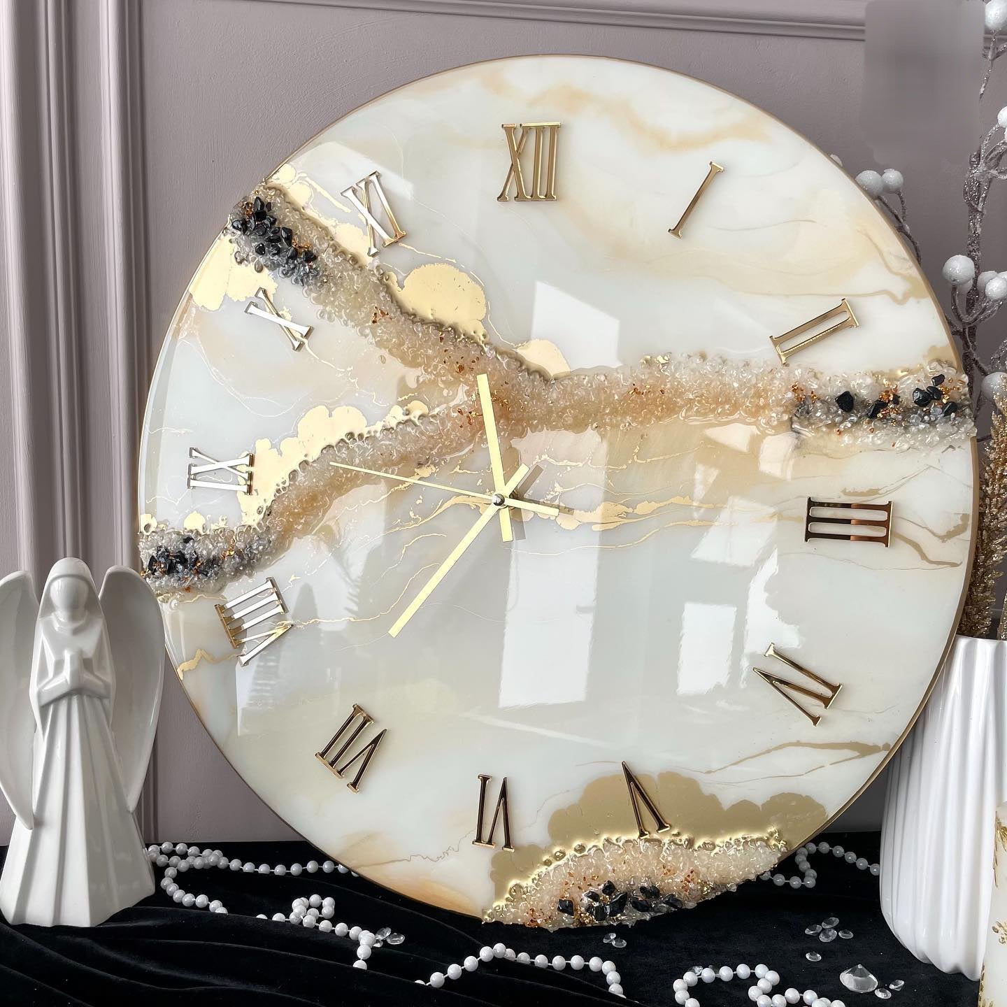 Almond White The luxury Resinart Resin Wall Clock