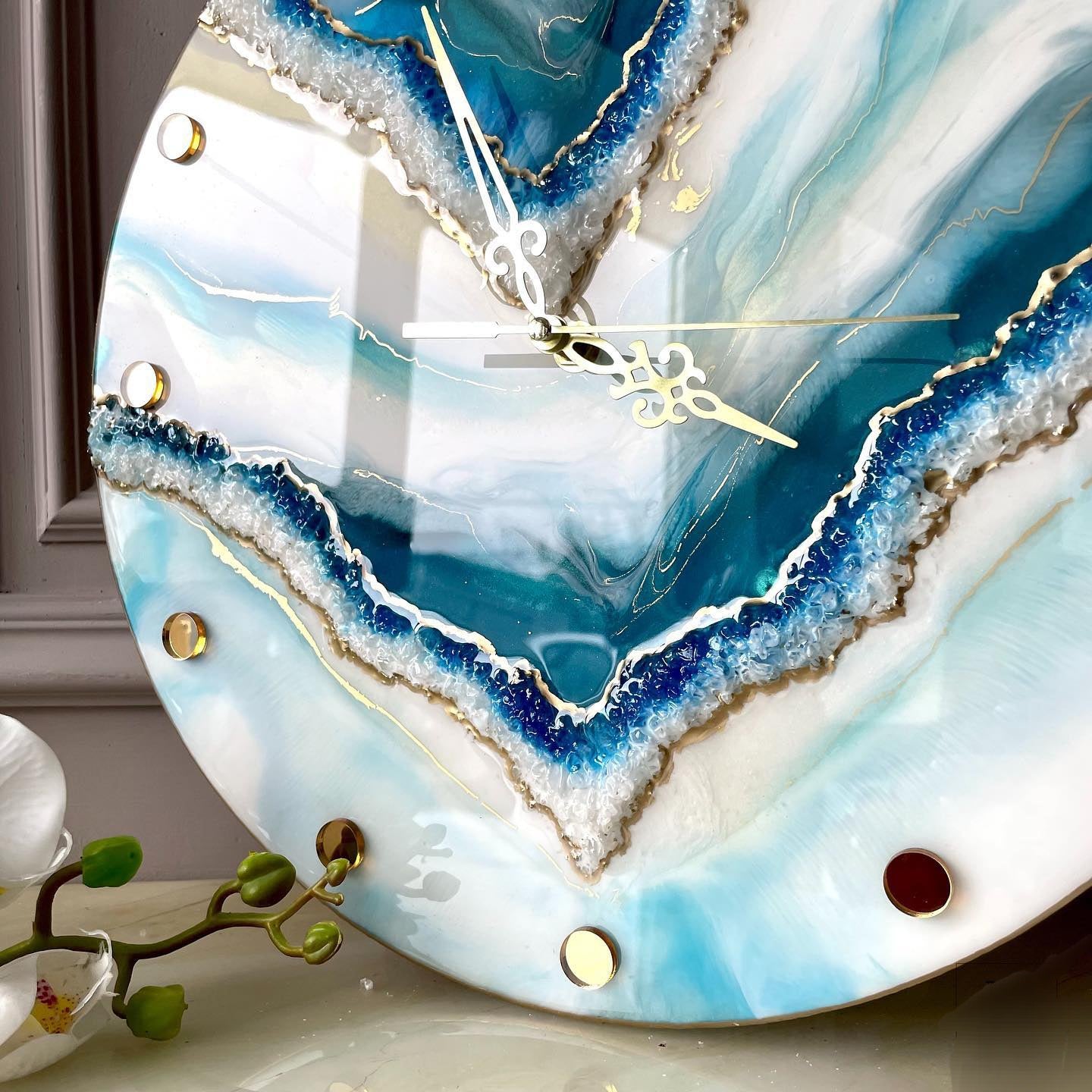 Elegant Blue With Cream The luxury Resinart Resin Wall Clock