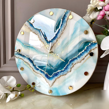 Elegant Blue With Cream The luxury Resinart Resin Wall Clock