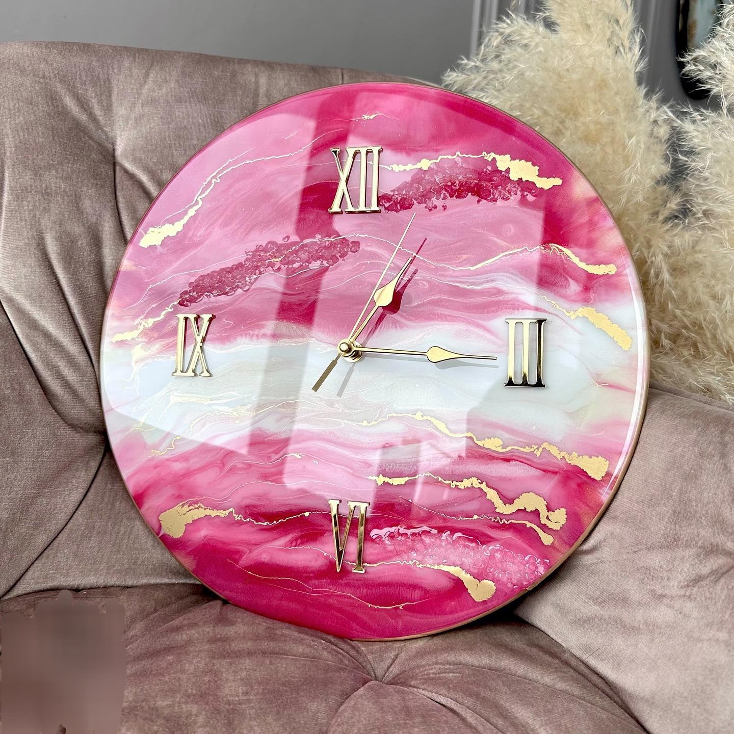 Pink Marble on Cream Base with Gold texture Resin wall Clock