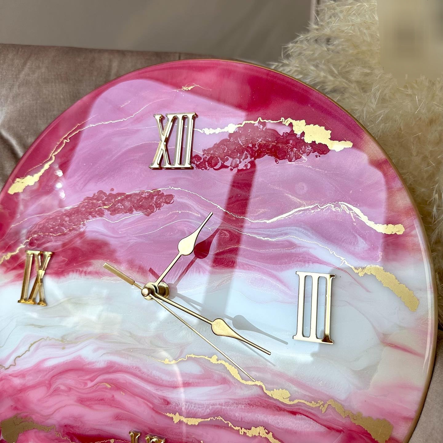 Pink Marble on Cream Base with Gold texture Resin wall Clock