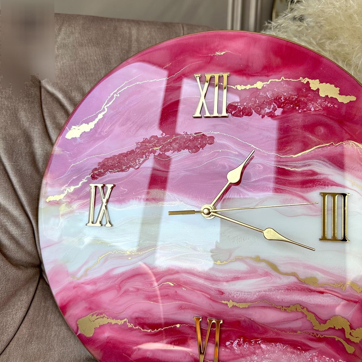 Pink Marble on Cream Base with Gold texture Resin wall Clock