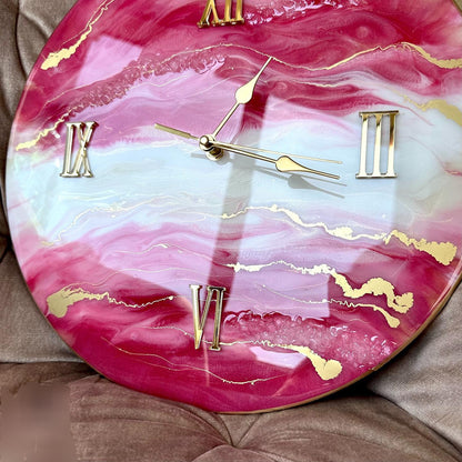 Pink Marble on Cream Base with Gold texture Resin wall Clock