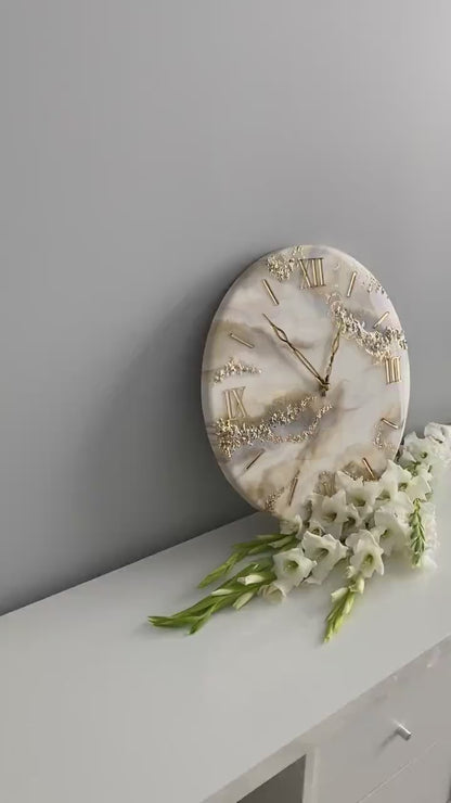 Cream Marble with Gold texture and Stones Resin wall Clock