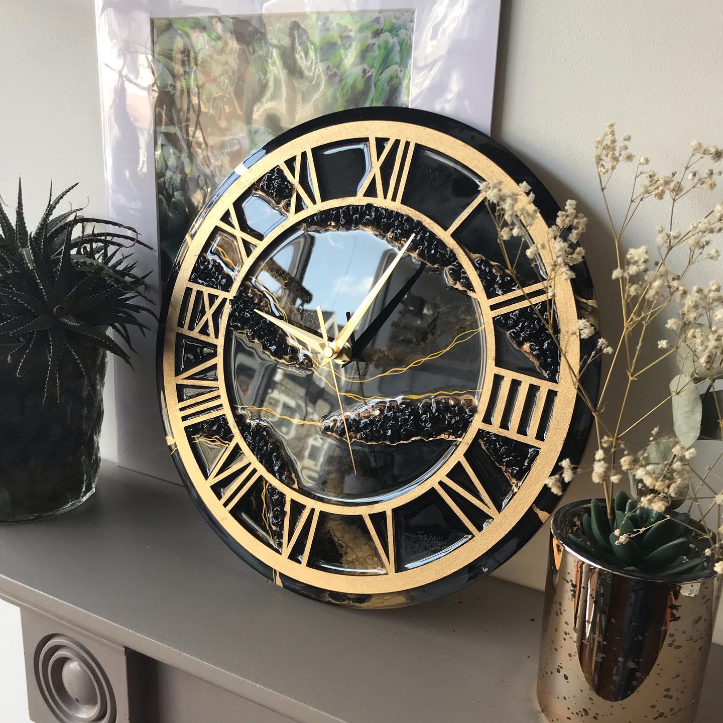 Buy Shiny Black With Golden Frame | Epoxy Resin Wall Clock